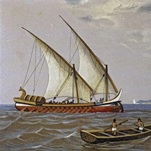 Phoenician trade ship and fishing boats, lithograph, 1875