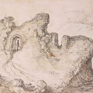 Rocky landscape with ruins, forming the profile of a mans face, c. 1650. Artist: Saftleven, Herman (1609-1685)