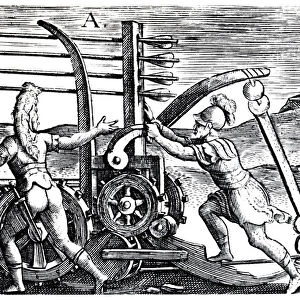 Roman soldiers using a war engine firing multiple arrows, 1605