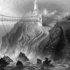 Suspension bridge to the South Stack lighthouse near Holyhead, Wales, c1860
