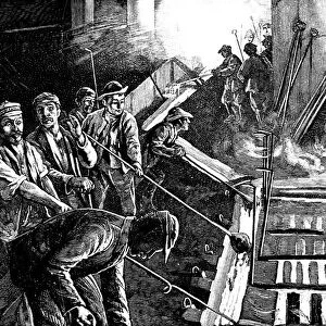 Tapping a blast furnace and casting iron into pigs, c1900