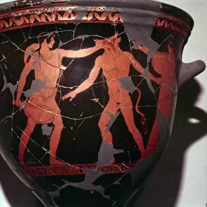 Theseus kills the Minotaur (with Ariadne present), Greek Vase painting, 5th Century BC. Artist: Hermonax