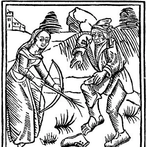 Witch shooting a man in the foot with an enchanted arrow made from a hazel wand, 1489