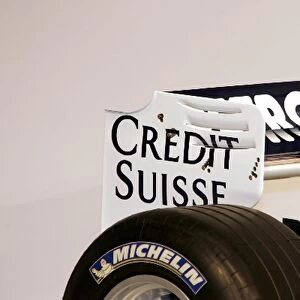 BMW Sauber Launch: Rear wing endplate detail on the new BMW Sauber F1. 06 showing Credit Suisse sponsor branding