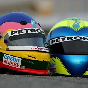 Formula One Testing: The helmets of Jacques Villeneuve Sauber Petronas and Felipe Massa Sauber Petronas