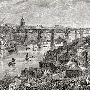 The High Level Bridge and Swing Bridge over the River Tyne, Newcastle-on-Tyne, England, seen here in the late-19th century. From Great Engineers, published c. 1890