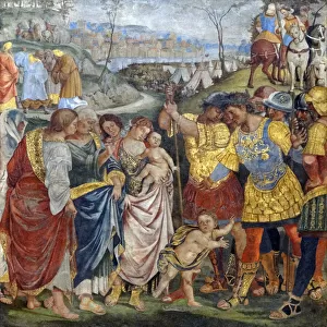 Painting titled Coriolanus persuaded by his Family to spare Rome by Luca Signorelli, 16th century