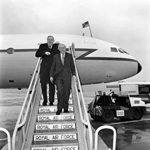 Heathrow Airport: Mr. Harold Wilson and Mr. James Callaghan seen leaving their plane at