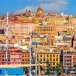 Cagliari, Sardinia, Italy coastal skyline on the Mediterranean Sea